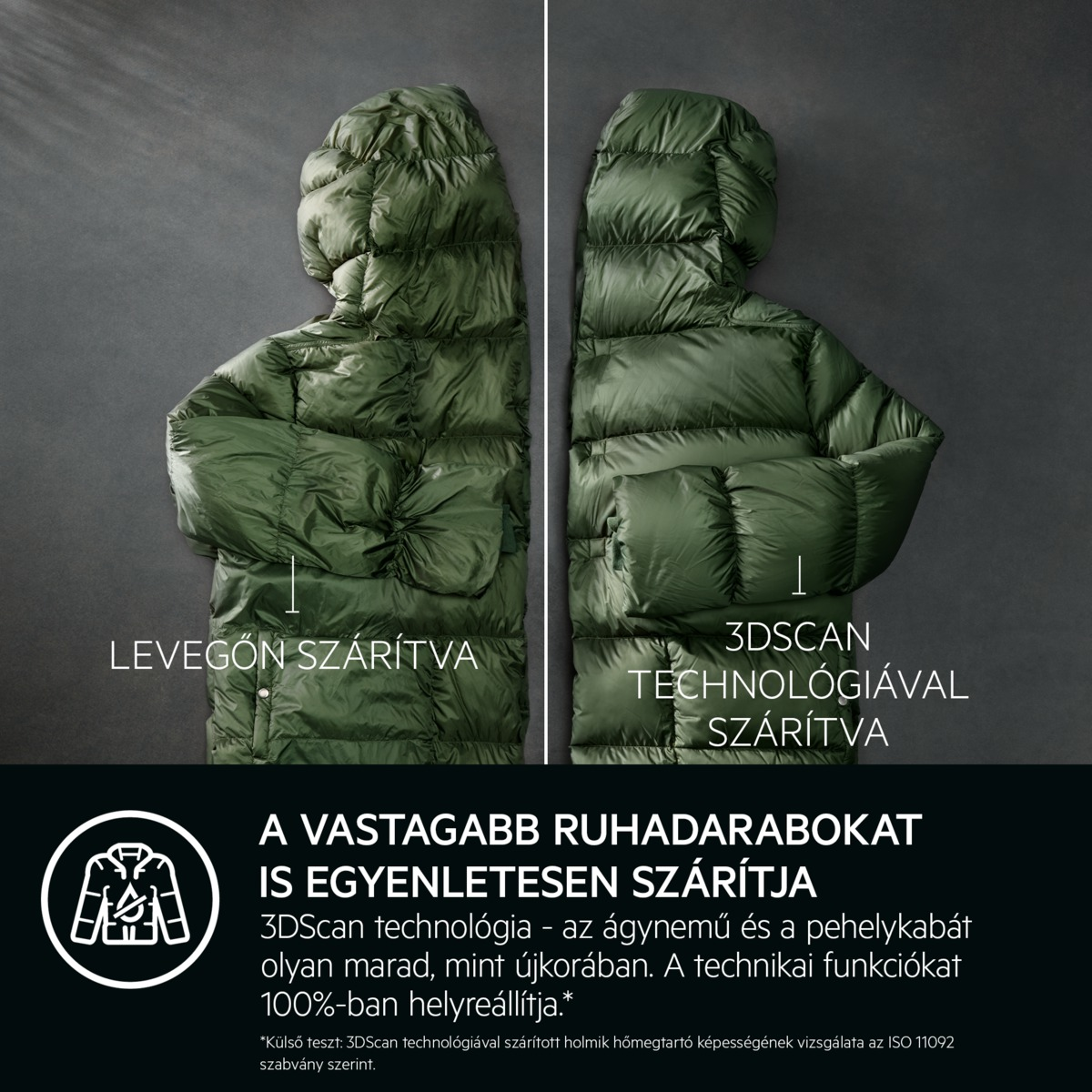 Két zöld kabát kapucnival egymás mellett látható. A fenti szöveg a 'levegőn szárítva' és a '3DScan technológiával szárítva' feliratokat mutatja.
