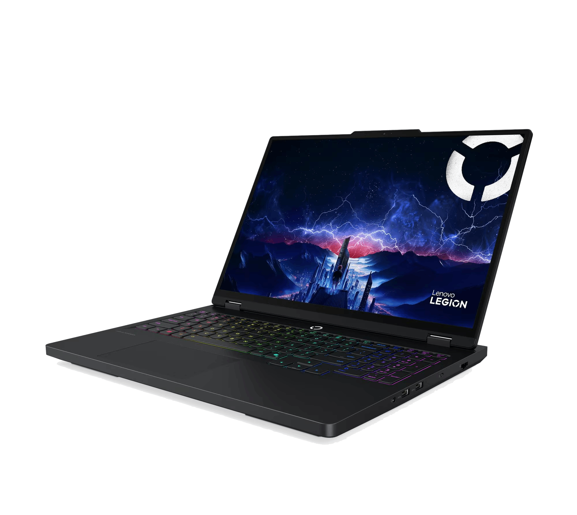 Portátil Lenovo Legion negro, pantalla con paisaje urbano y relámpagos. Teclado con retroiluminación arcoíris.