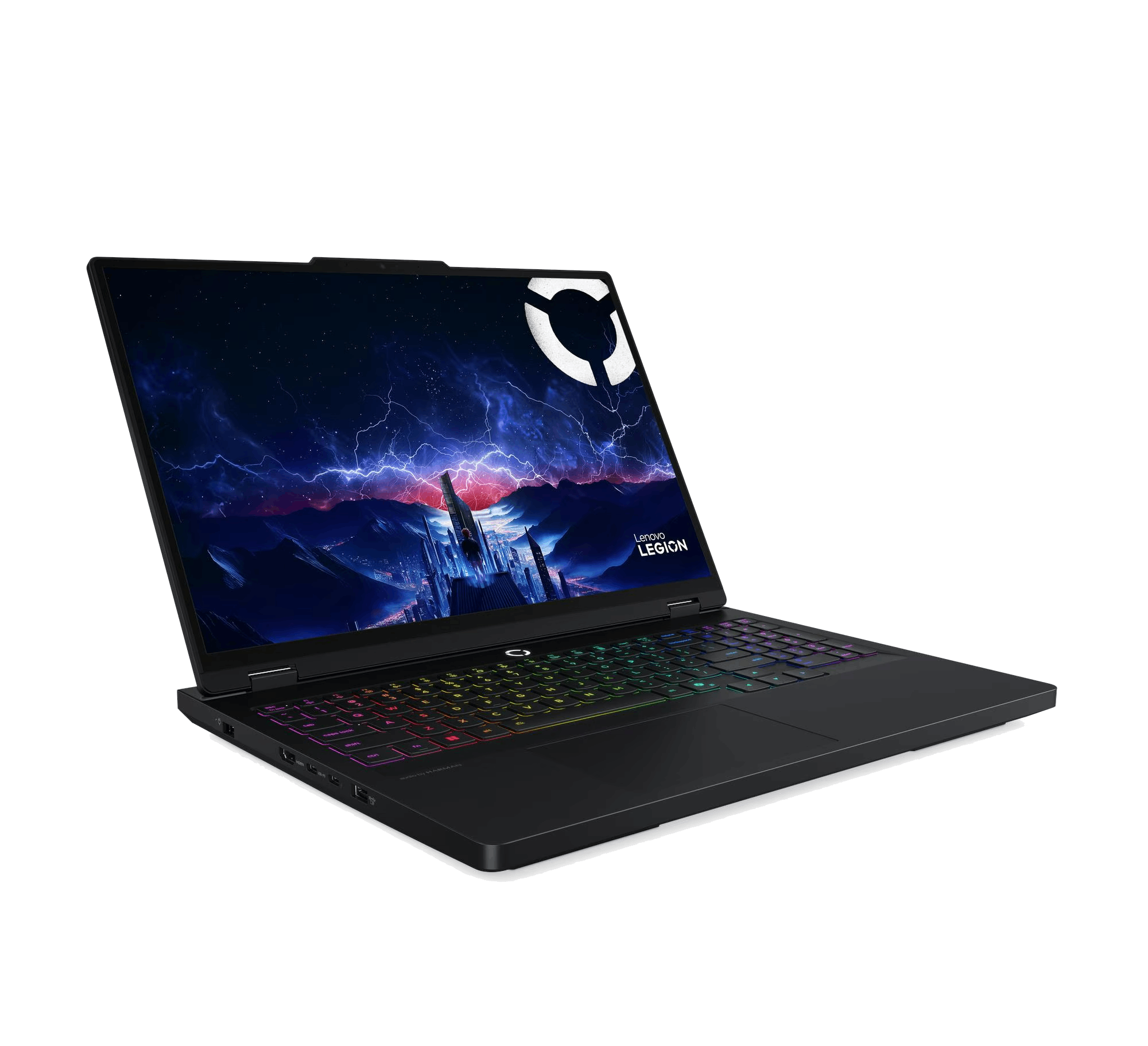 Laptop Lenovo Legion negro con pantalla encendida, mostrando una ciudad bajo rayos y un teclado arcoíris.