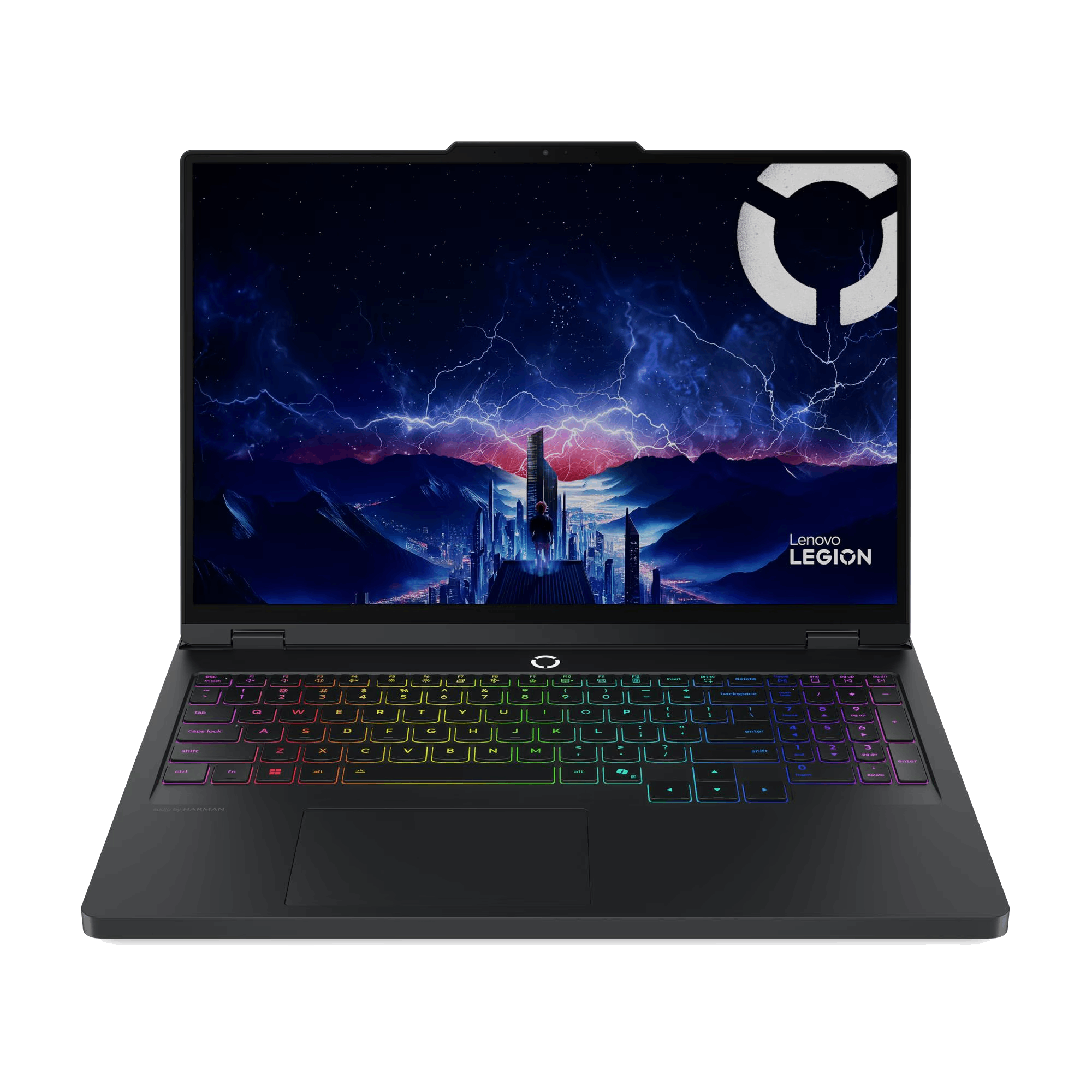 Laptop Lenovo Legion negro abierto. Pantalla muestra ciudad bajo cielo tormentoso. Teclado con teclas retroiluminadas.
