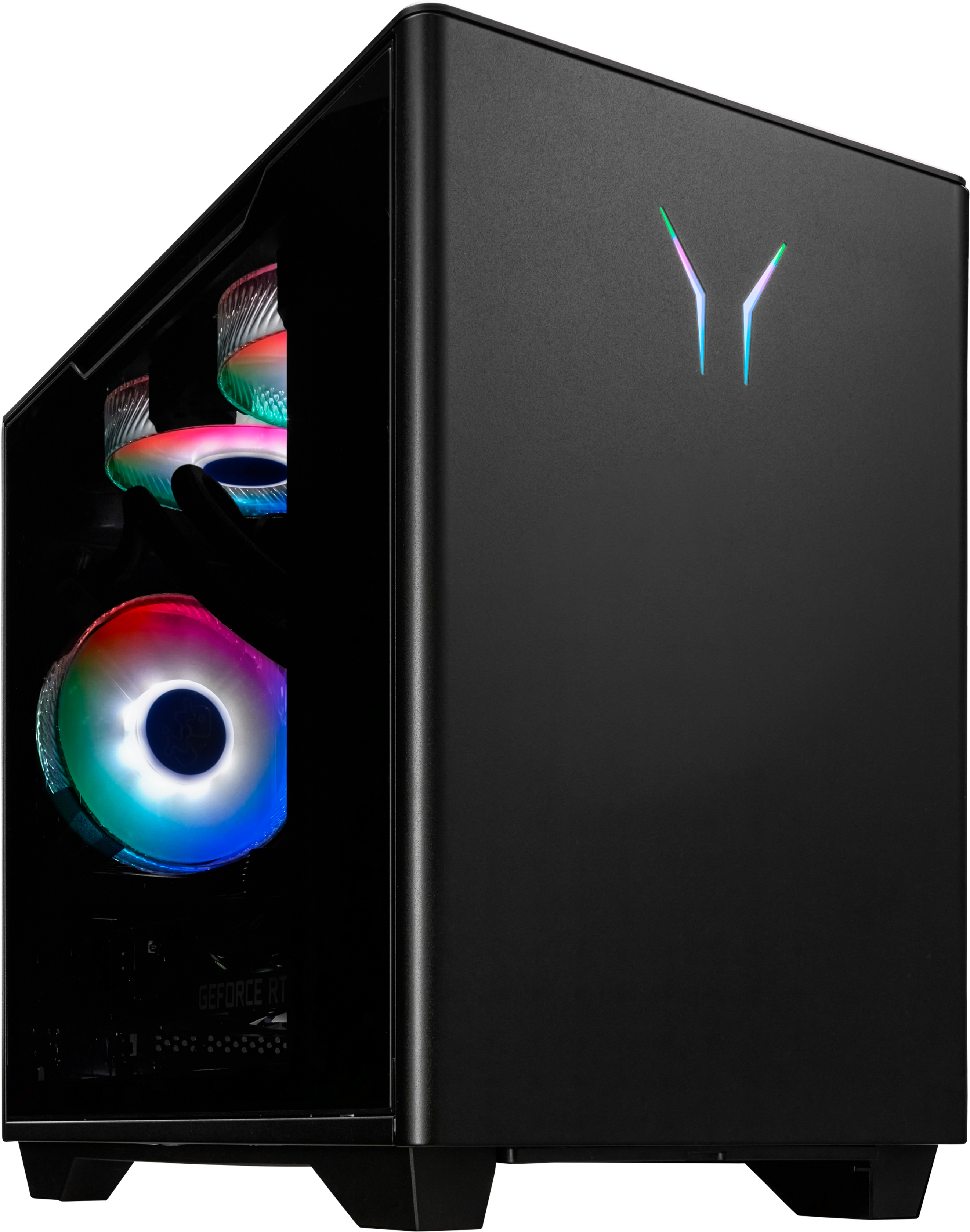 Schwarzes Computergehäuse mit RGB-Lüftern und -Beleuchtung. Das Gehäuse hat eine transparente Seitenwand. Ein Logo ist vorne.