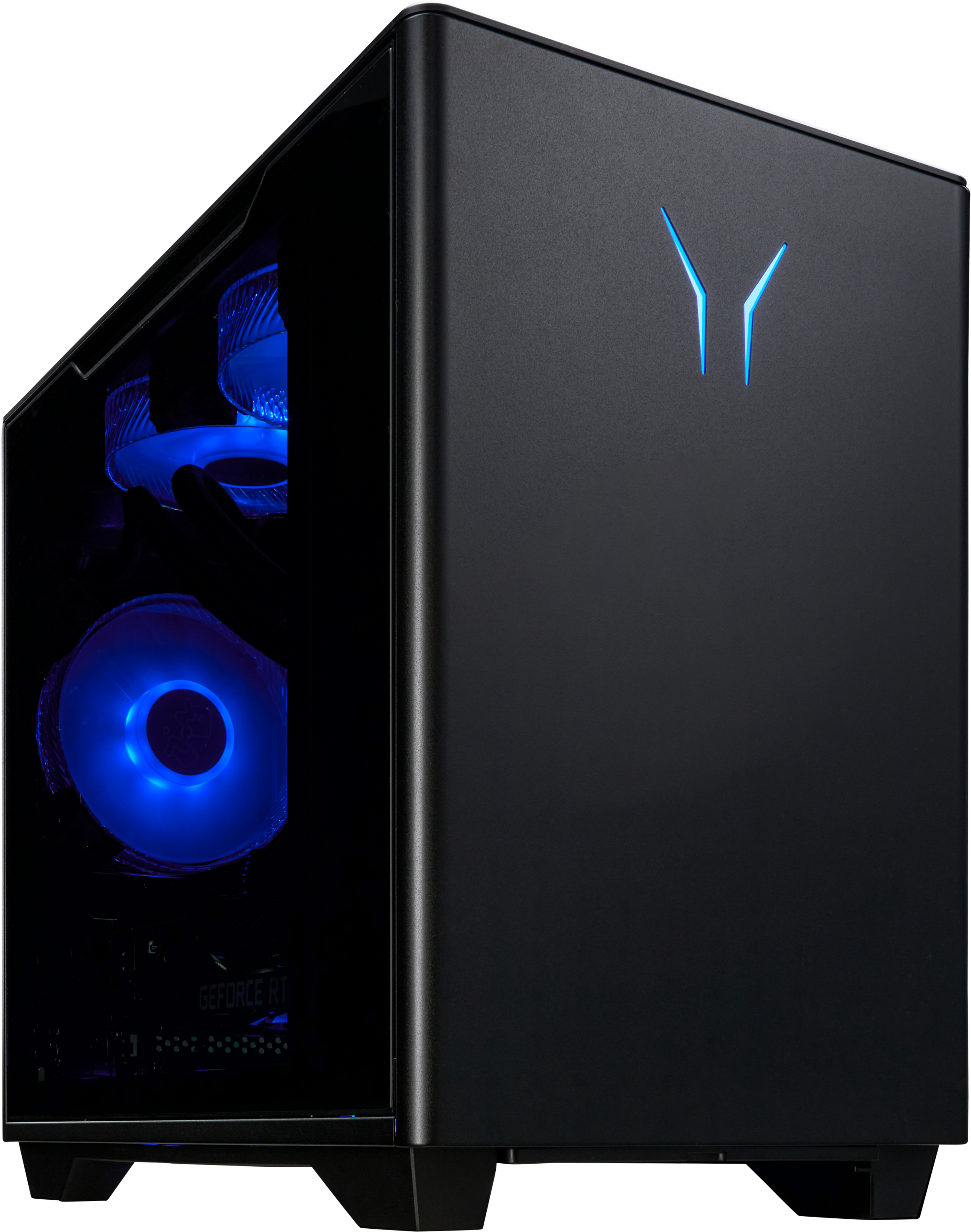 Schwarzes Computergehäuse mit blauer Innenbeleuchtung. Ein Logo leuchtet auf der Vorderseite. Im Inneren leuchtet ein Lüfter blau.