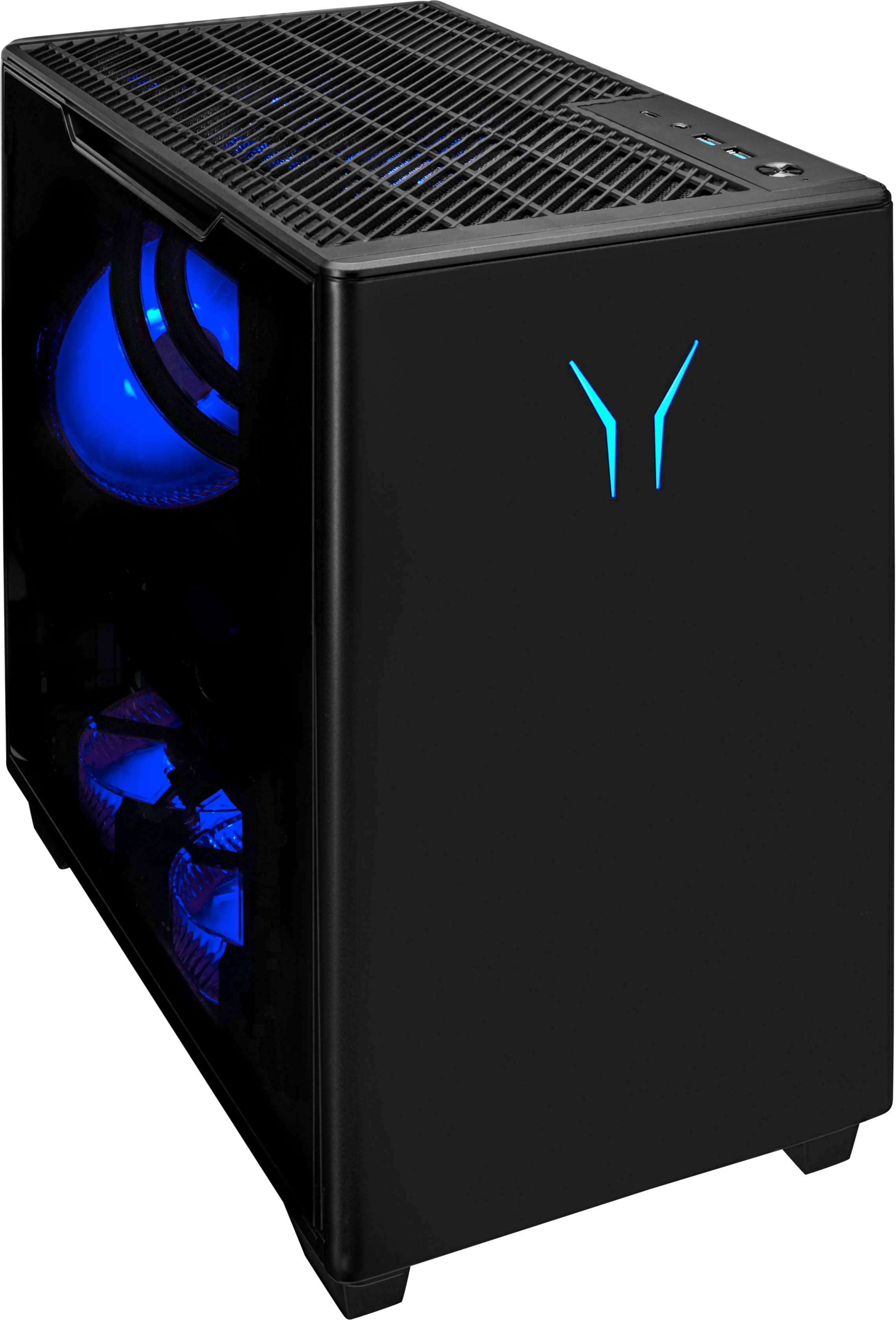 Schwarzes Computergehäuse mit blauen LED-Leuchten. Es hat eine Mesh-Oberseite und ein Logo. Das Gehäuse hat eine transparente Seitenwand.