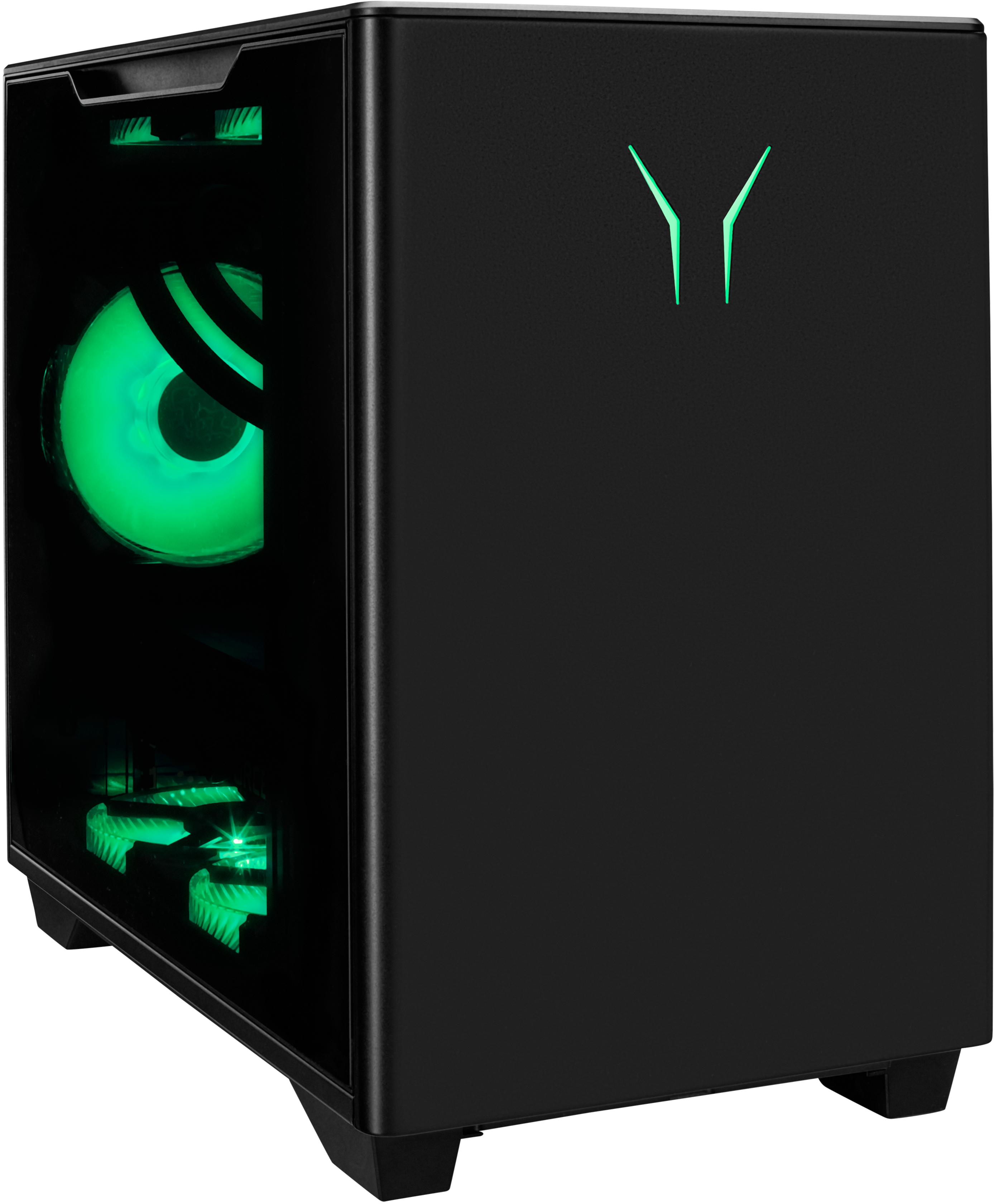 Schwarzes Computergehäuse mit grün leuchtenden Innenkomponenten. Die Front hat ein leuchtendes Logo.