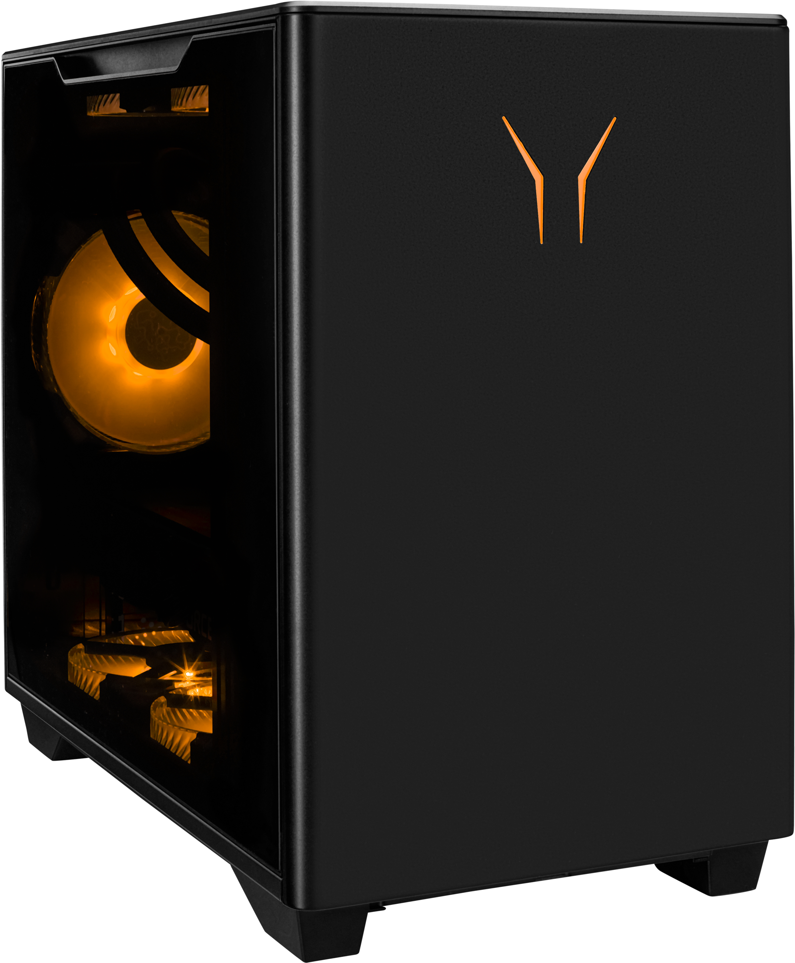 Schwarzes Computergehäuse mit transparentem Seitenteil. Innenraum sichtbar, orange beleuchtet. Orange Logo auf der Vorderseite.