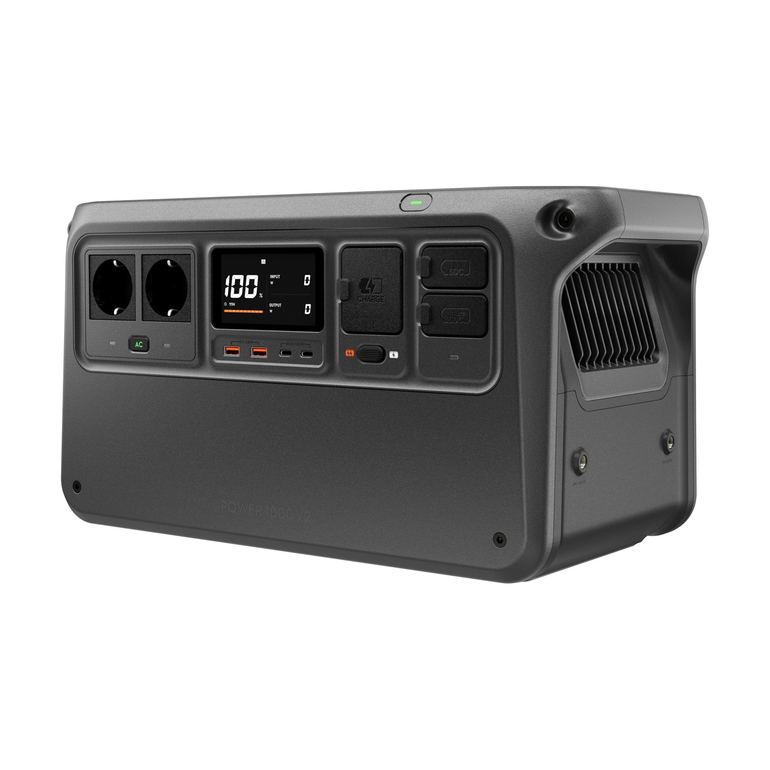 Una centrale elettrica grigio scuro con più porte, un display digitale che mostra il 100% e la scritta 'POWER 1000 V2'.