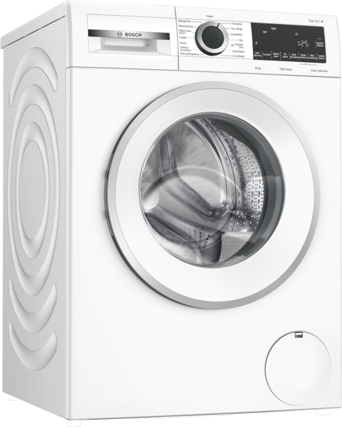 Beyaz bir Bosch çamaşır makinesi. Yuvarlak bir kapısı, bir kontrol paneli ve dijital bir ekranı var. Makine beyaz bir arka plan üzerinde.