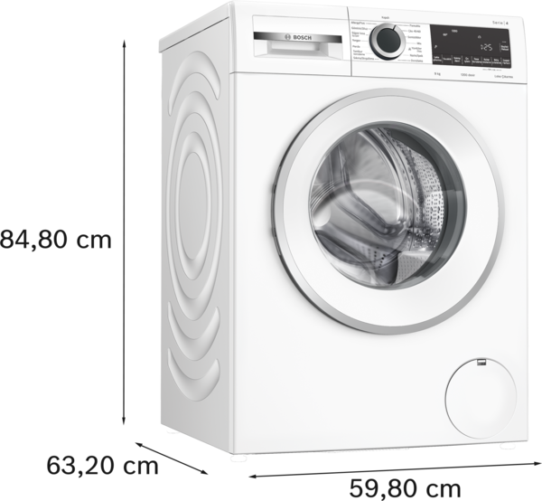 Yuvarlak kapılı beyaz bir Bosch çamaşır makinesi. Bir kontrol paneli ve deterjan çekmecesi var. Makine siyah bir arka plan üzerinde.
