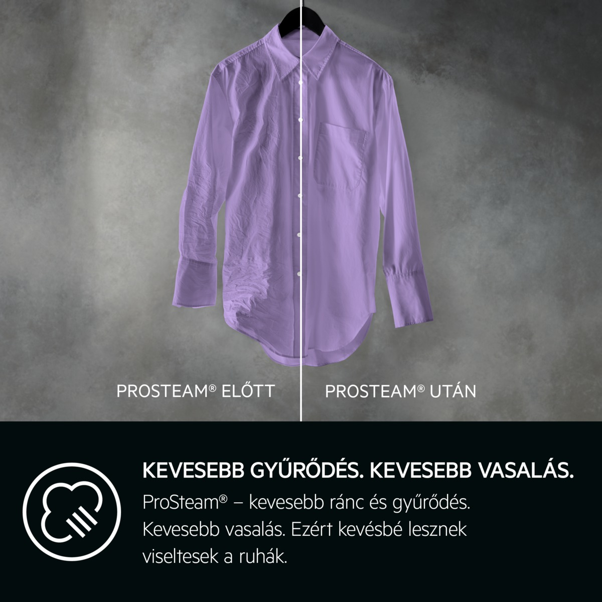 Egy lila ing vállfán. A bal oldala gyűrött, 'ProSteam Előtt' felirattal. A jobb oldala sima, 'ProSteam Után' felirattal.