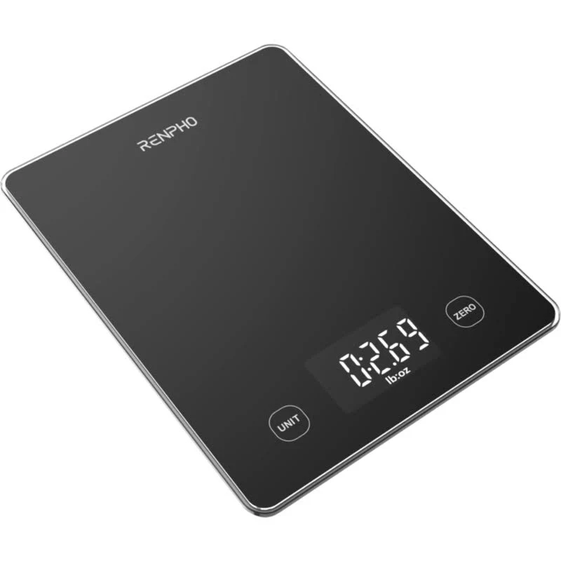Una báscula de cocina digital negra que muestra 0:26.9 lb:oz. Tiene 'RENPHO' arriba, y los botones 'UNIT' y 'ZERO'.