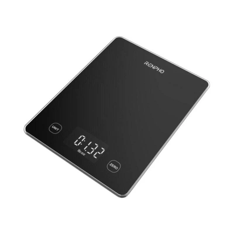 Una báscula de cocina digital negra muestra 0:132 y el nombre de la marca RENPHO. Tiene botones UNIT y ZERO en la superficie.
