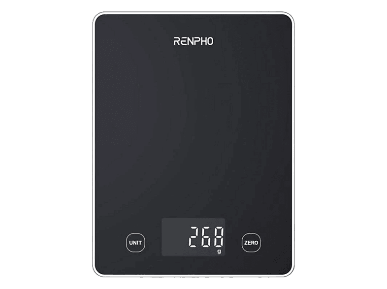 Balanza de cocina - Renpho PEU-R-T001-BK, Pesa Hasta 5 kg, Vidrio templado mm, Bluetooth, Pantalla LED, Negro