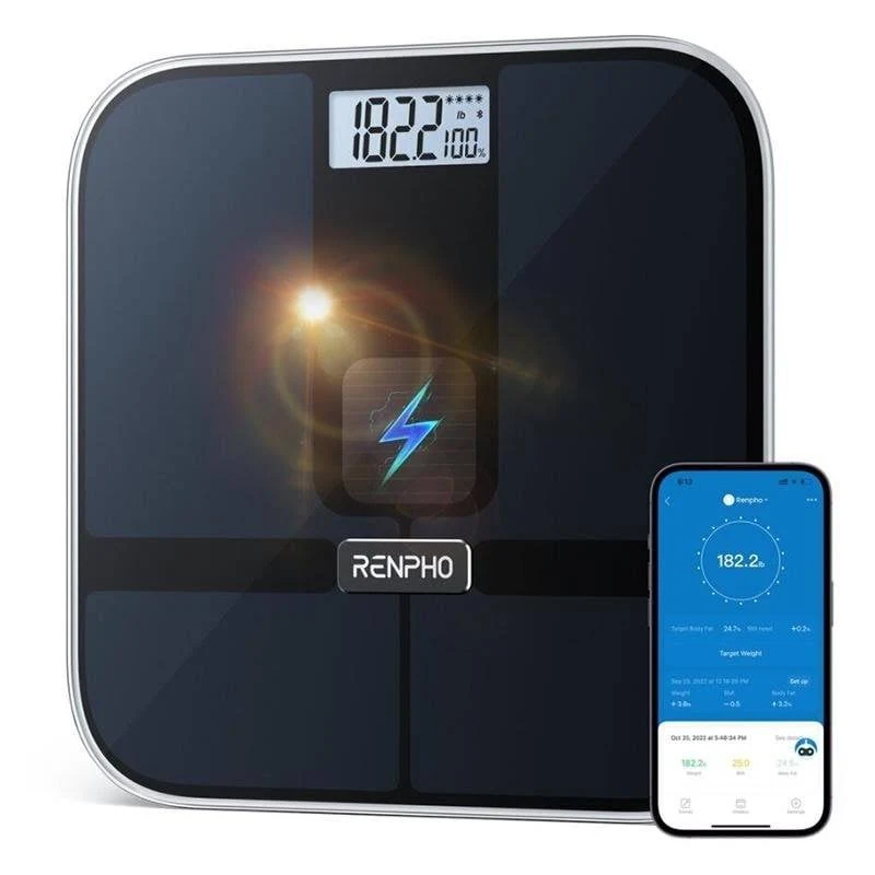 Una báscula inteligente Renpho negra muestra 182.2 lb y 100% de batería. Un smartphone muestra datos de peso. Un logo de rayo está en la báscula.