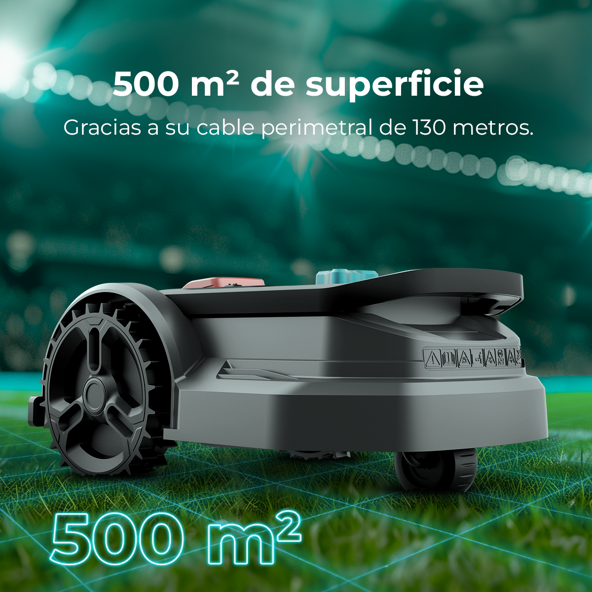 Un cortacésped robótico sobre césped. Texto indica 500 m² de superficie, mencionando un cable perimetral de 130 metros.