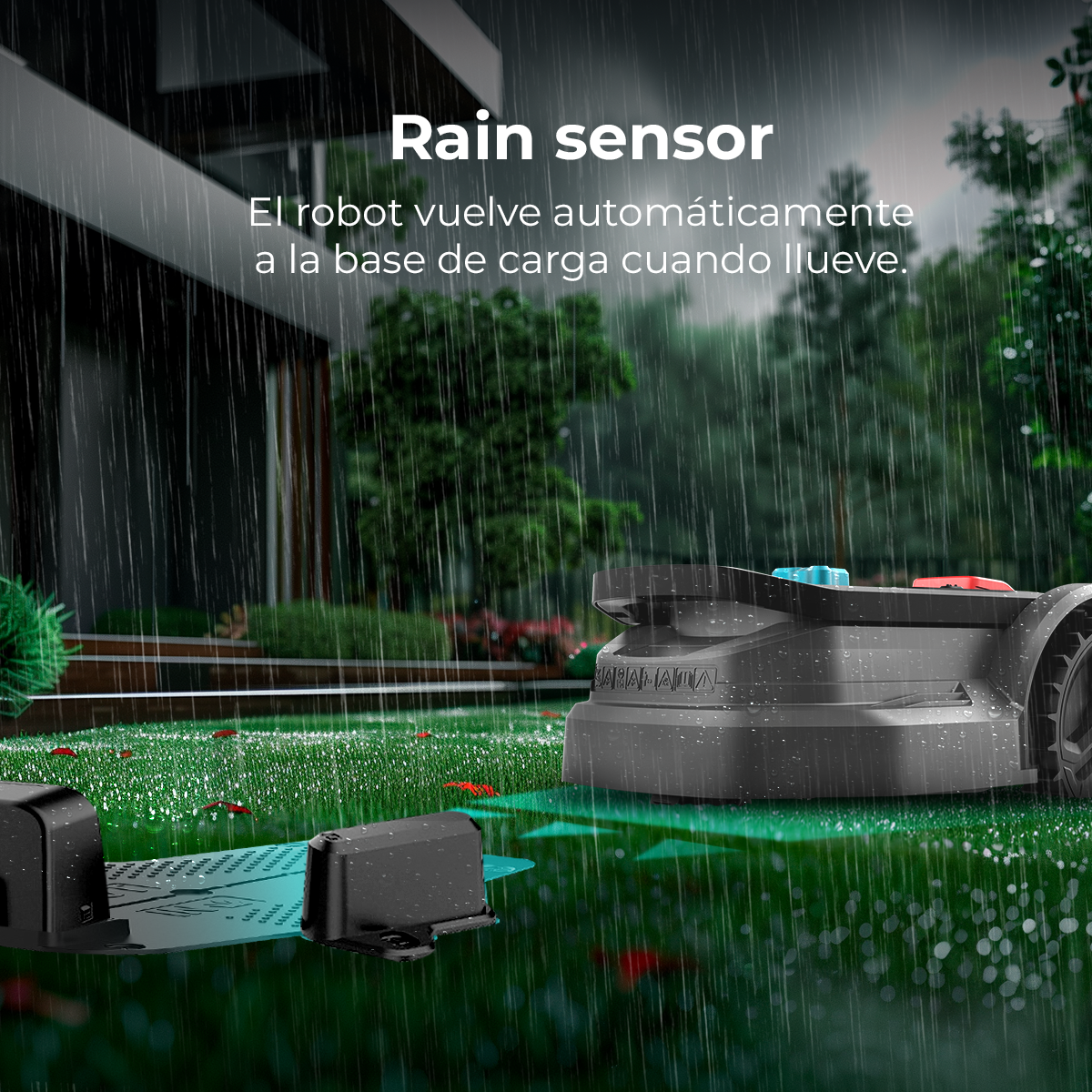 Un cortacésped robótico en la hierba verde bajo la lluvia. El texto dice 'Sensor de lluvia'. Vuelve a la base al llover.