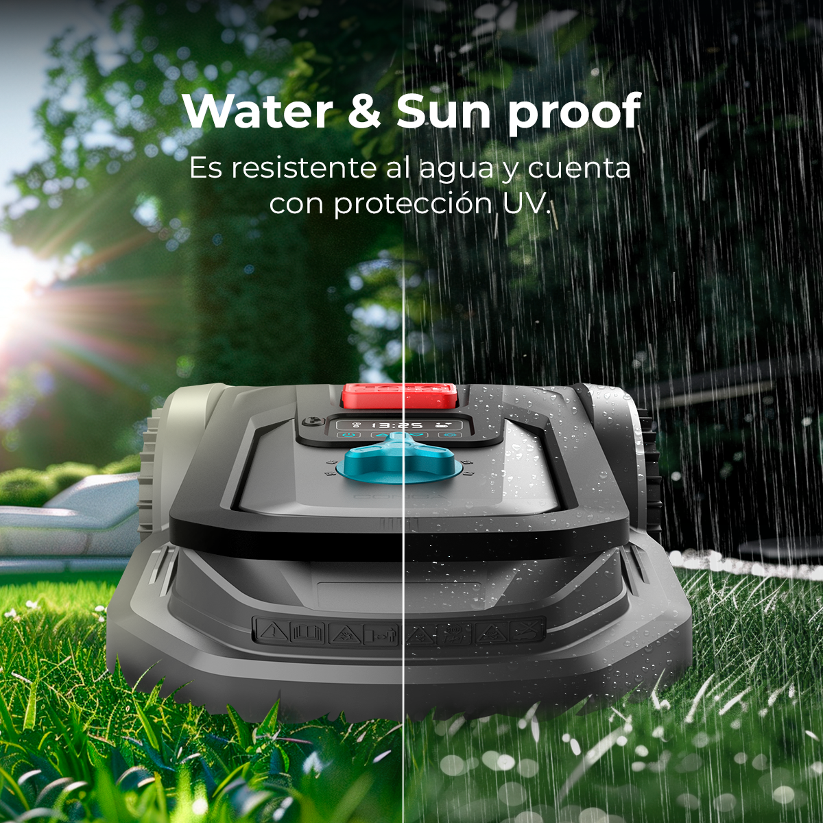 Un cortacésped robótico sobre hierba, mitad al sol, mitad bajo la lluvia. El texto dice 'Resistente al agua y al sol'.