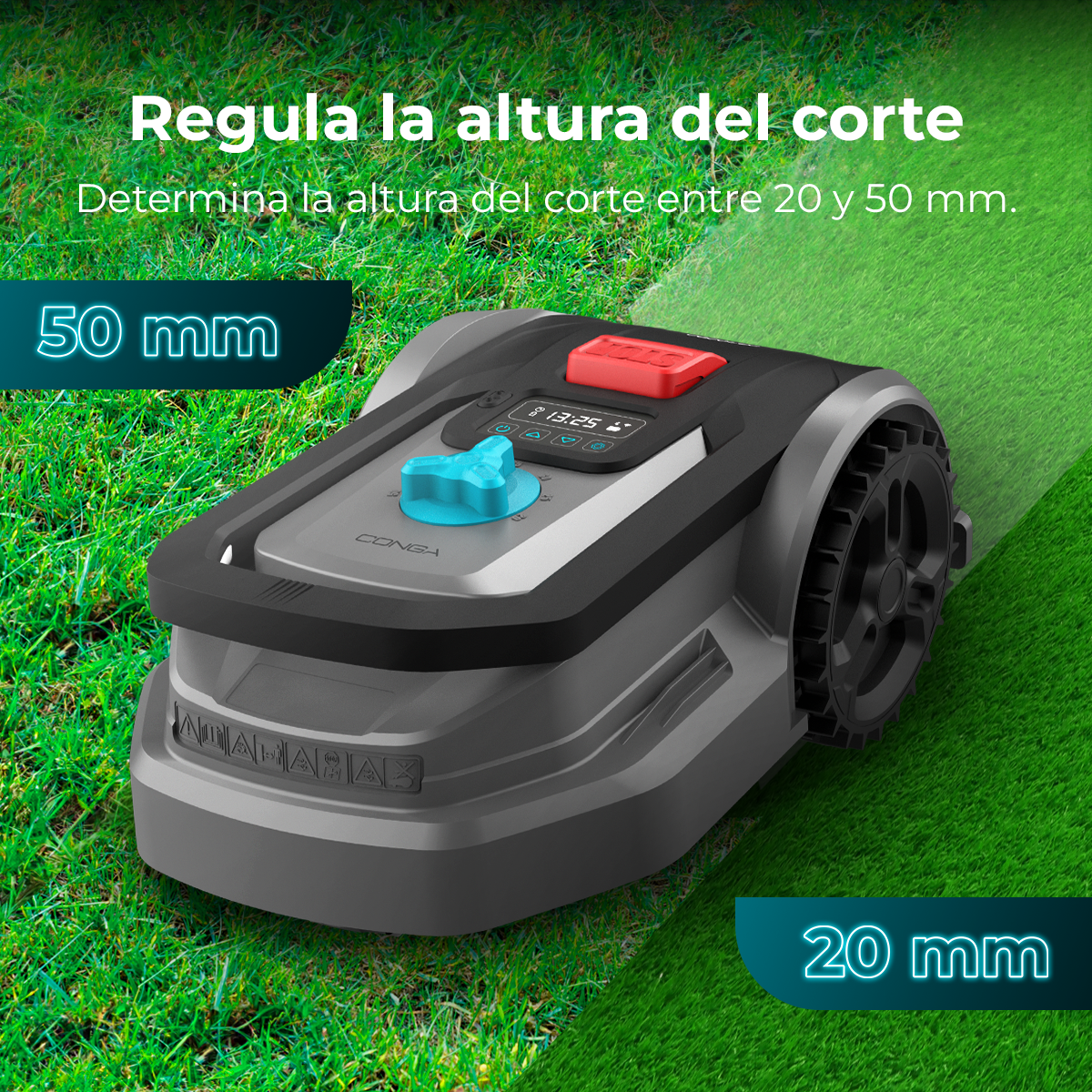 Un robot cortacésped sobre hierba. Tiene un botón rojo, una perilla azul y una pantalla digital. El texto indica la altura de corte.