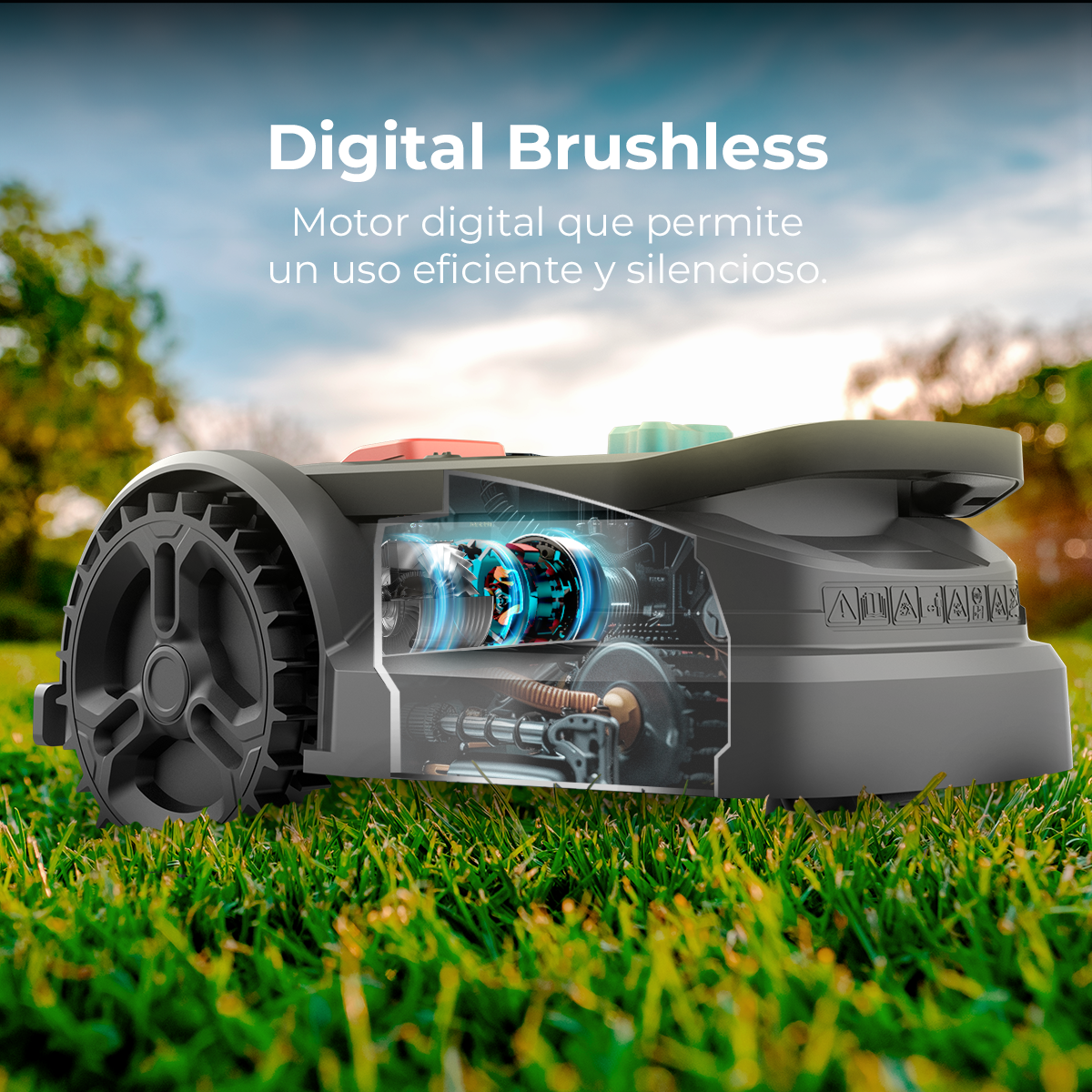 Un cortacésped robótico sobre hierba verde con una sección transparente que muestra el motor digital. Texto: 'Digital Brushless'.