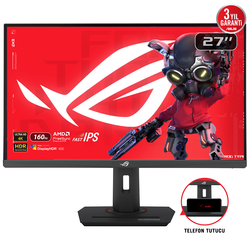 Siyah 27 inçlik bir Asus monitör, kırmızı bir ROG logosu ve silah tutan bir çizgi film karakteri görüntüler. Ekran hakkında bilgiler görüntülenir.