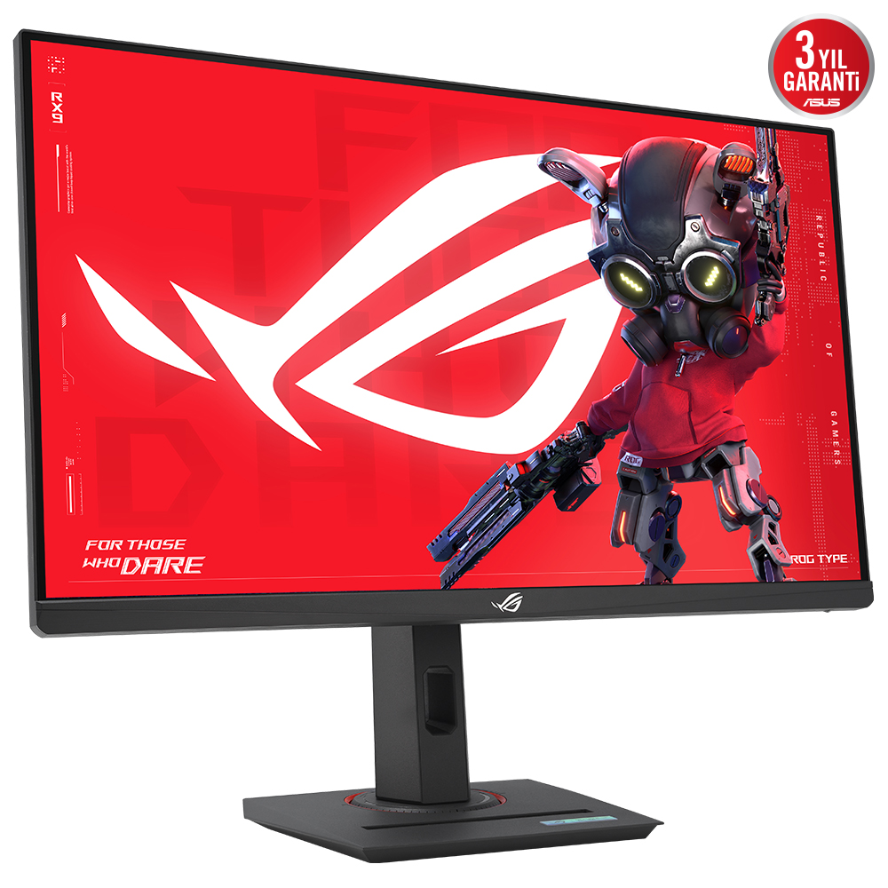 Bir bilgisayar monitörü, beyaz logo ve silah tutan robotik bir karakterle kırmızı bir arka plan görüntüler. Monitör siyahtır.