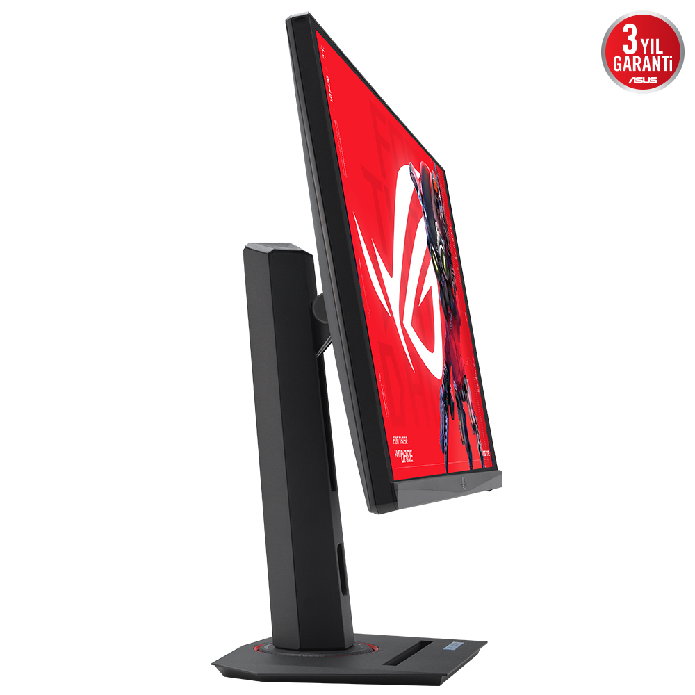 Siyah bir ASUS oyun monitörü profilden gösteriliyor, kırmızı ekranında grafikler var. Monitörün sağlam bir standı ve garanti rozeti var.