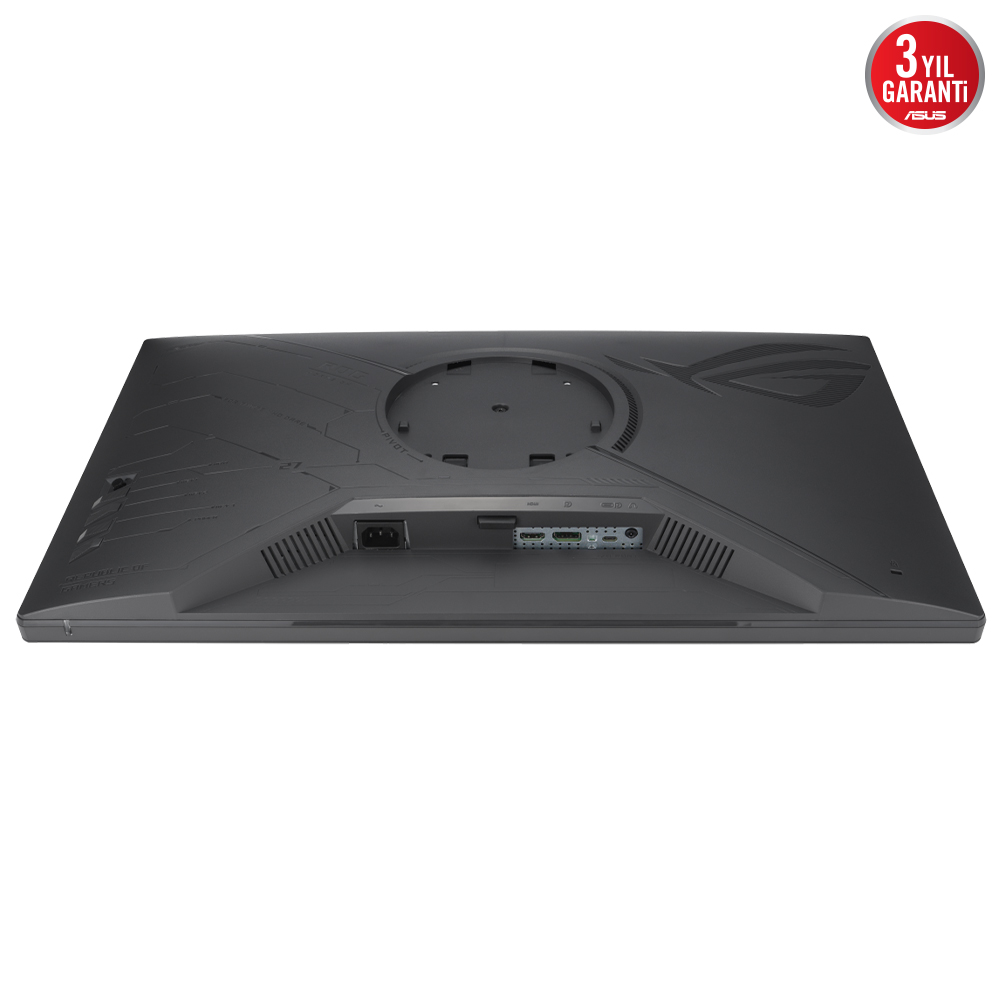 Çeşitli bağlantı noktalarına sahip siyah bir bilgisayar monitörünün arkası. Sağ üstte ASUS logosu ve garanti bilgilerinin bulunduğu beyaz bir arka plan.