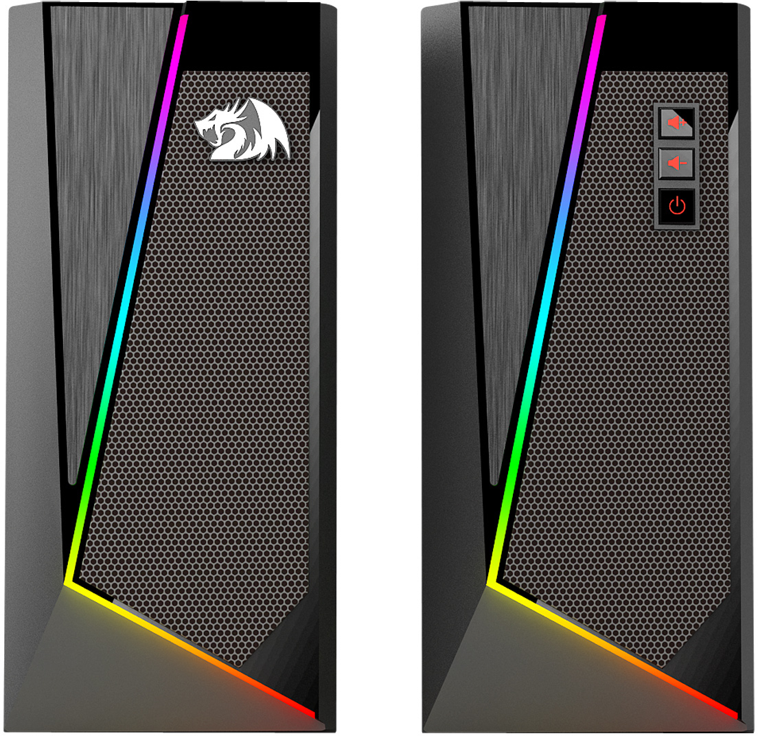 Dwie obudowy komputera. Każda ma siatkowy przód, logo smoka i kolorowy pasek świetlny. Przyciski zasilania i sterowania po prawej stronie.