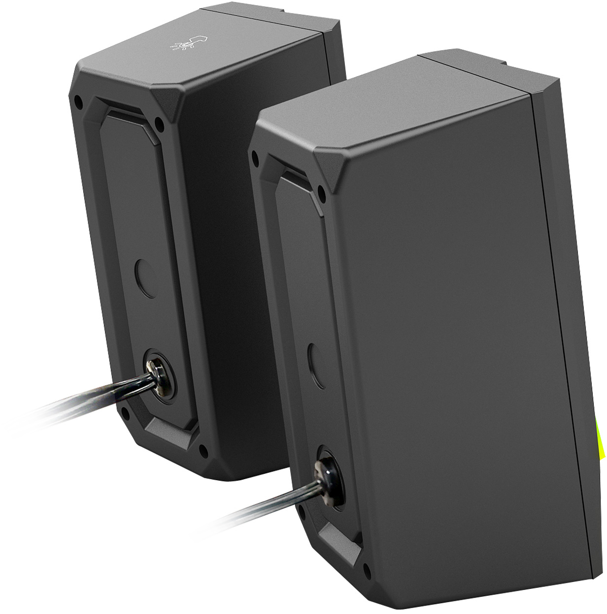 Dwa czarne głośniki ze srebrnymi kablami. Jeden głośnik ma symbol zasilania. Tło jest białe.