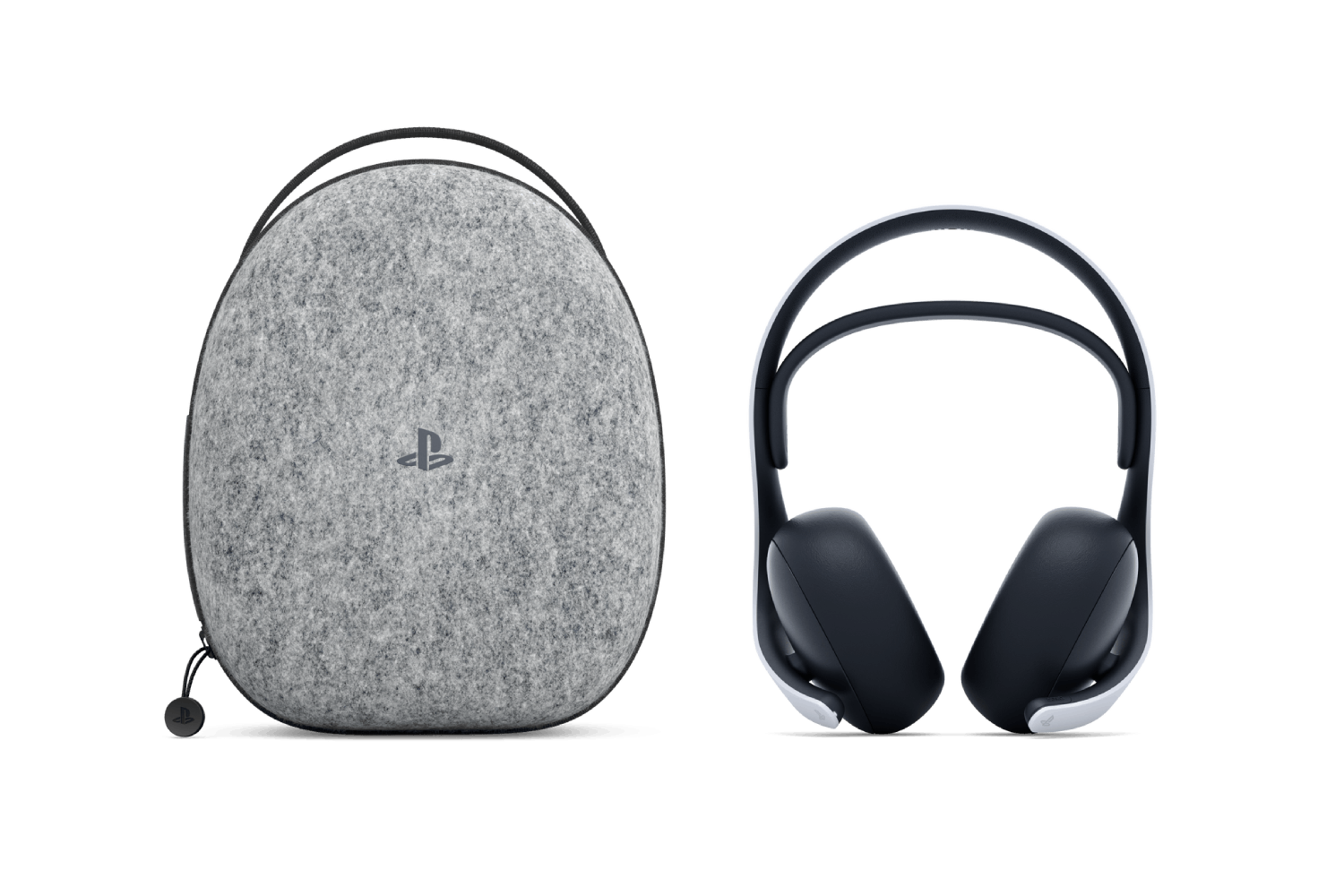 La imagen muestra una funda gris con el logo de Playstation y unos auriculares blancos y negros. El fondo es negro.