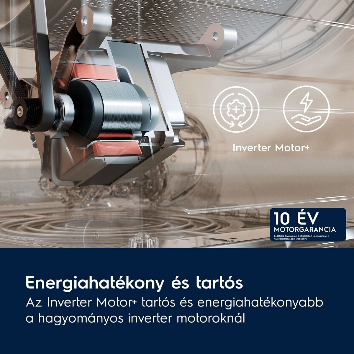 Inverter Motor+ metszete. A szöveg szerint energiatakarékos és tartós. 10 év motorgarancia.