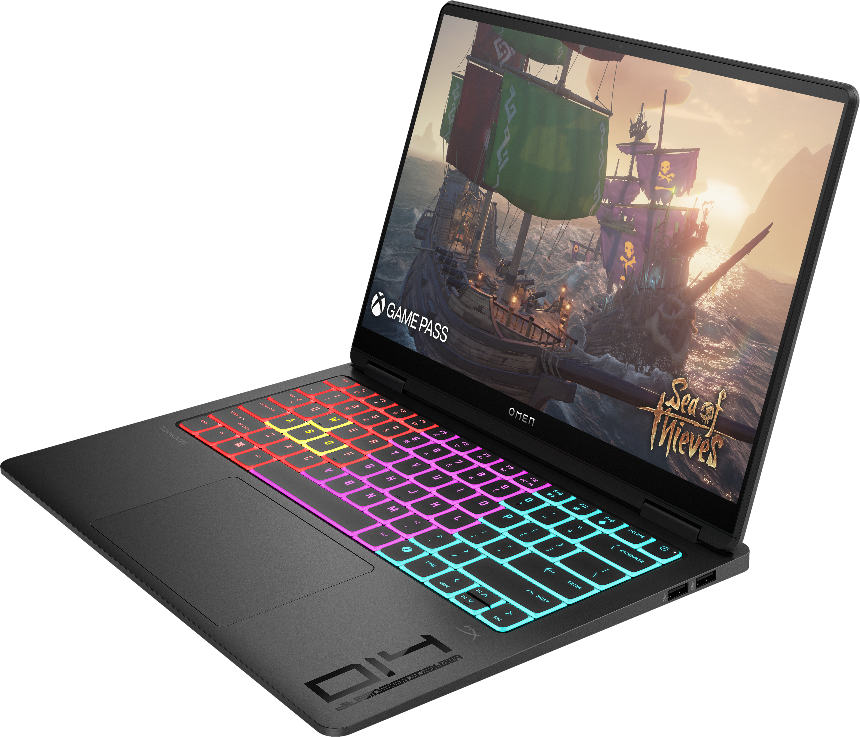 Ein Laptop zeigt ein Piratenschiffspiel. Die Tastatur leuchtet in Regenbogenfarben. OMEN-Logo ist sichtbar.