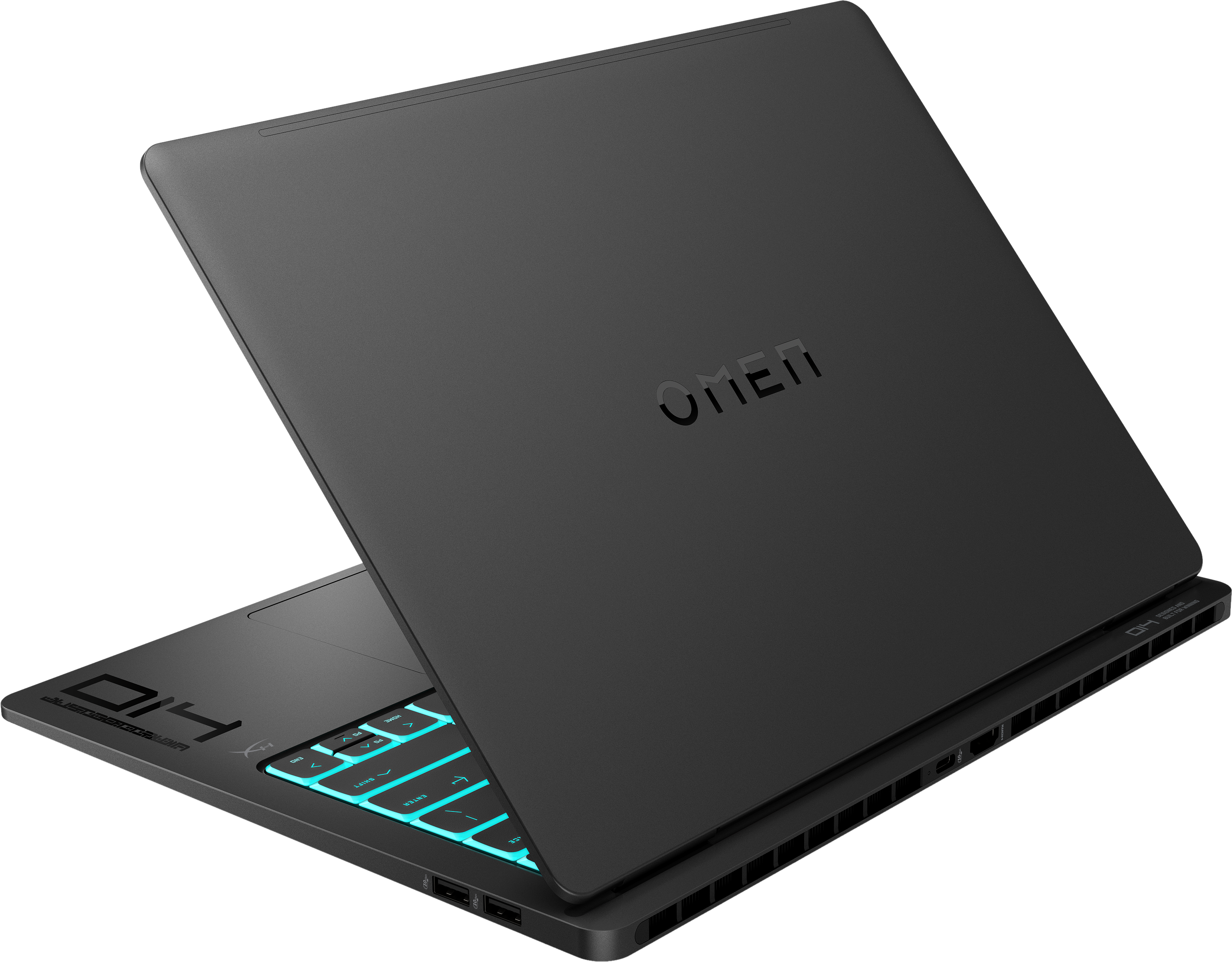 Ein schwarzer OMEN-Laptop ist geöffnet und zeigt die Tastatur mit beleuchteten Tasten und das OMEN-Logo.