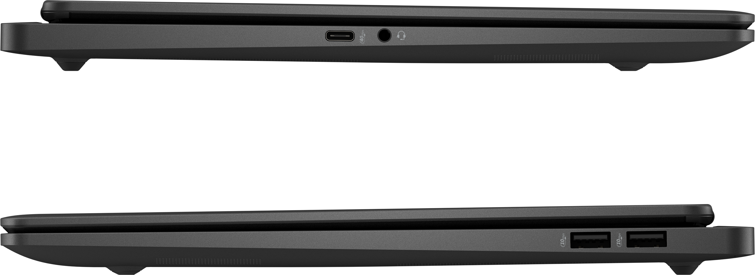 Seitenansicht eines dunkelgrauen Laptops. Oben Anschlüsse für USB-C und Audio. Unten USB-Anschlüsse.