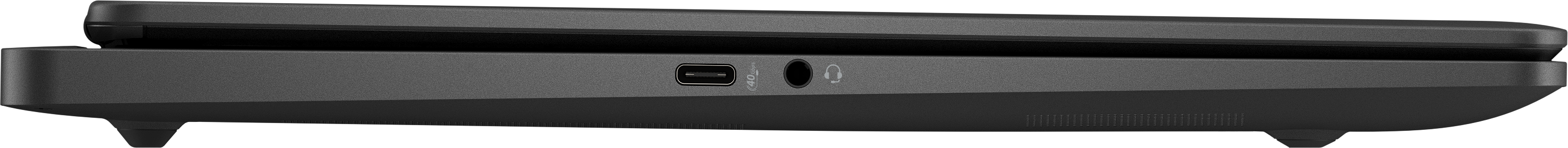 Die Seite eines dunkelgrauen Laptops. Enthält einen USB-C-Anschluss, eine Kopfhörerbuchse und einen Mikrofoneingang.