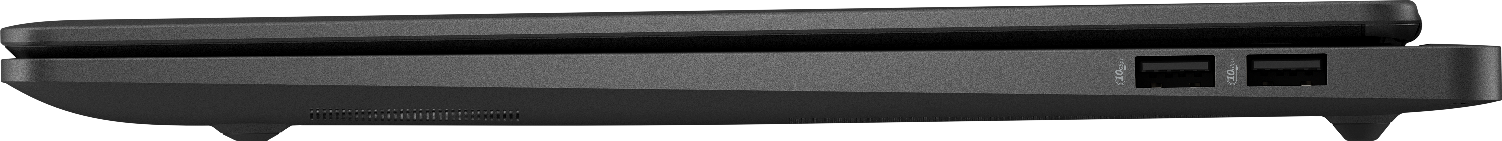 Seitenansicht eines dunkelgrauen elektronischen Geräts. Es hat ein schlankes, eckiges Design mit zwei USB-Anschlüssen mit der Aufschrift '10 Gbit/s'.