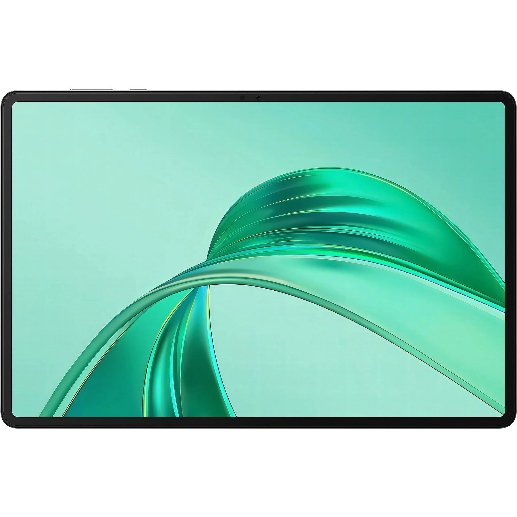Fekete keretes tablet, a képernyő zöld és türkiz absztrakt dizájnt jelenít meg. Kamera látható felül.