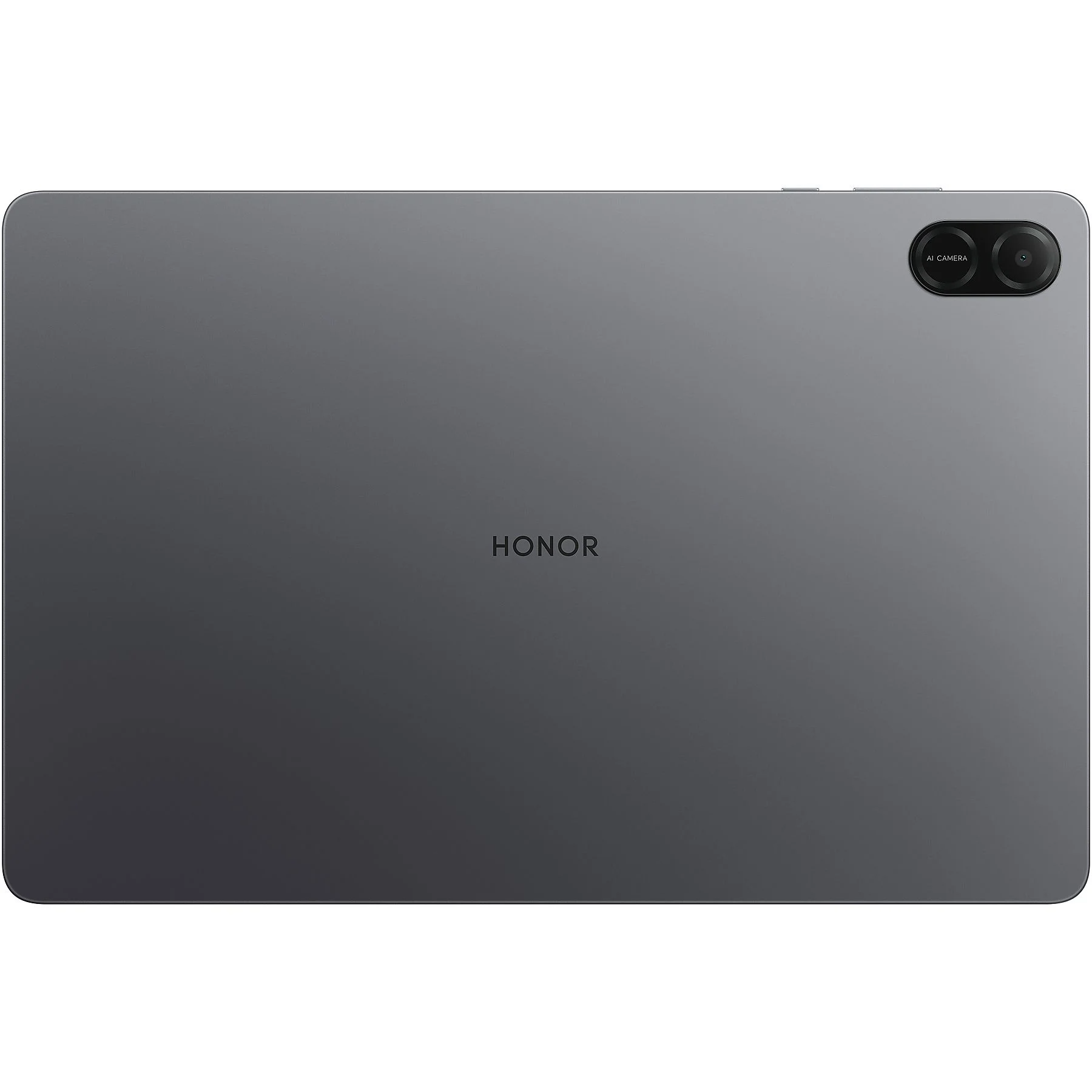 Egy szürke tablet hátulja, a márka Honor, és két kamerája van. A háttér fehér.