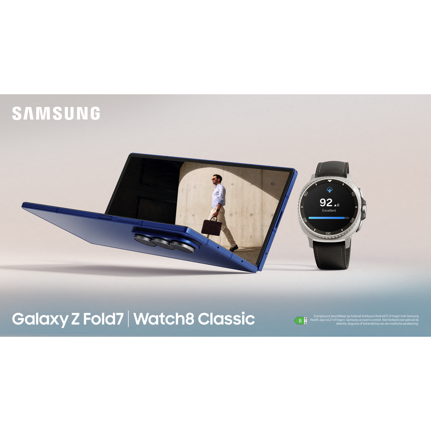 A Samsung ad shows a blue foldable phone, a smartwatch, and a man walking inside the phone's screen. Text reads: Galaxy Z Fold7 | Watch8 Classic.