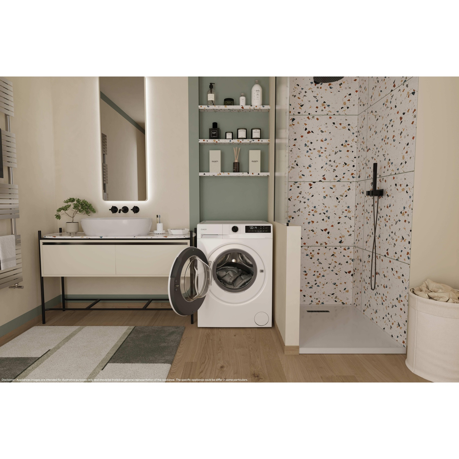 Un bagno con lavatrice, doccia e lavandino. Il pavimento è in legno e le pareti sono chiare. C'è un tappeto sul pavimento.