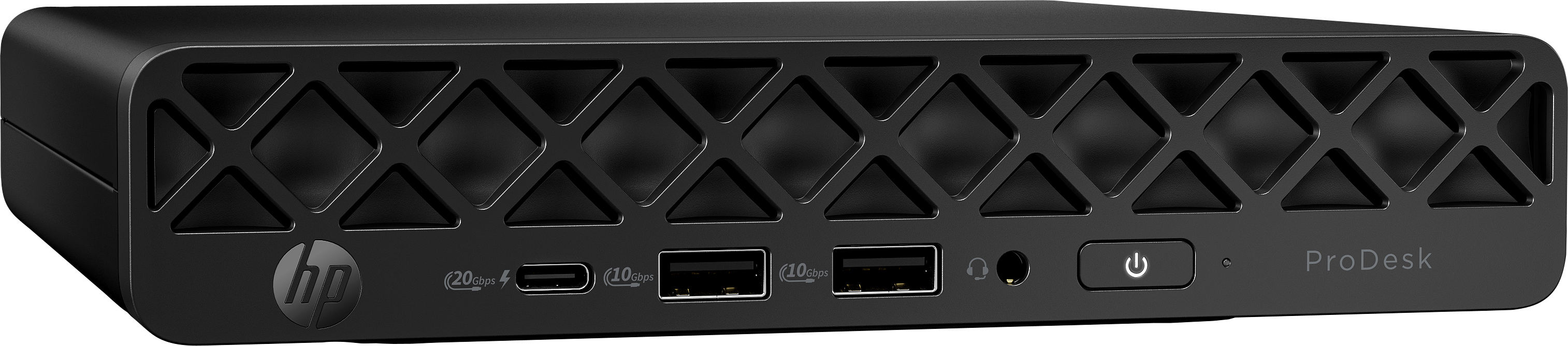 Schwarzer HP ProDesk Mini-PC. Er hat eine strukturierte Front, mehrere Anschlüsse, einen Ein-/Ausschalter und das HP-Logo.