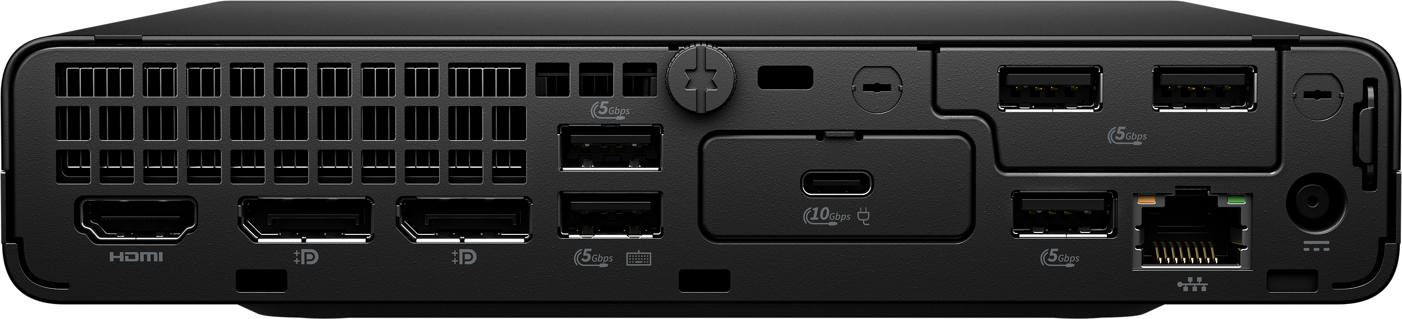 Schwarzes Computer-Rückpanel mit Anschlüssen: HDMI, DisplayPort, USB, Ethernet und USB-C, mit Lüftungsschlitzen.