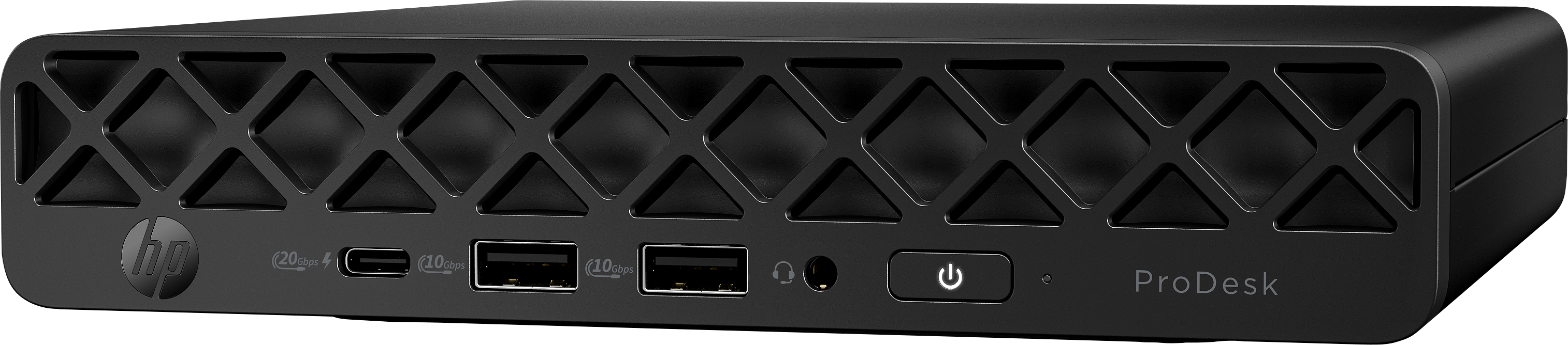 Schwarzer HP ProDesk-Computer. Er hat mehrere Anschlüsse, USB und einen Einschaltknopf. Die Front hat ein Gitterdesign.