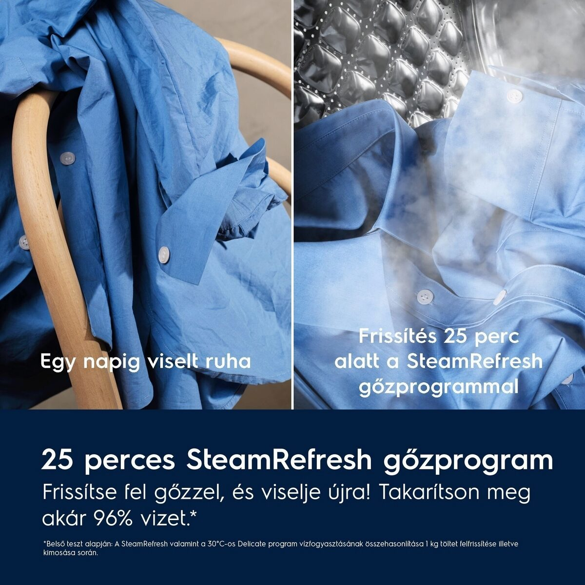 Egy kék ing lóg egy fa széken. Gőz emelkedik egy másik kék ingből. A szöveg 25 perc alatt SteamRefresh-t mond.