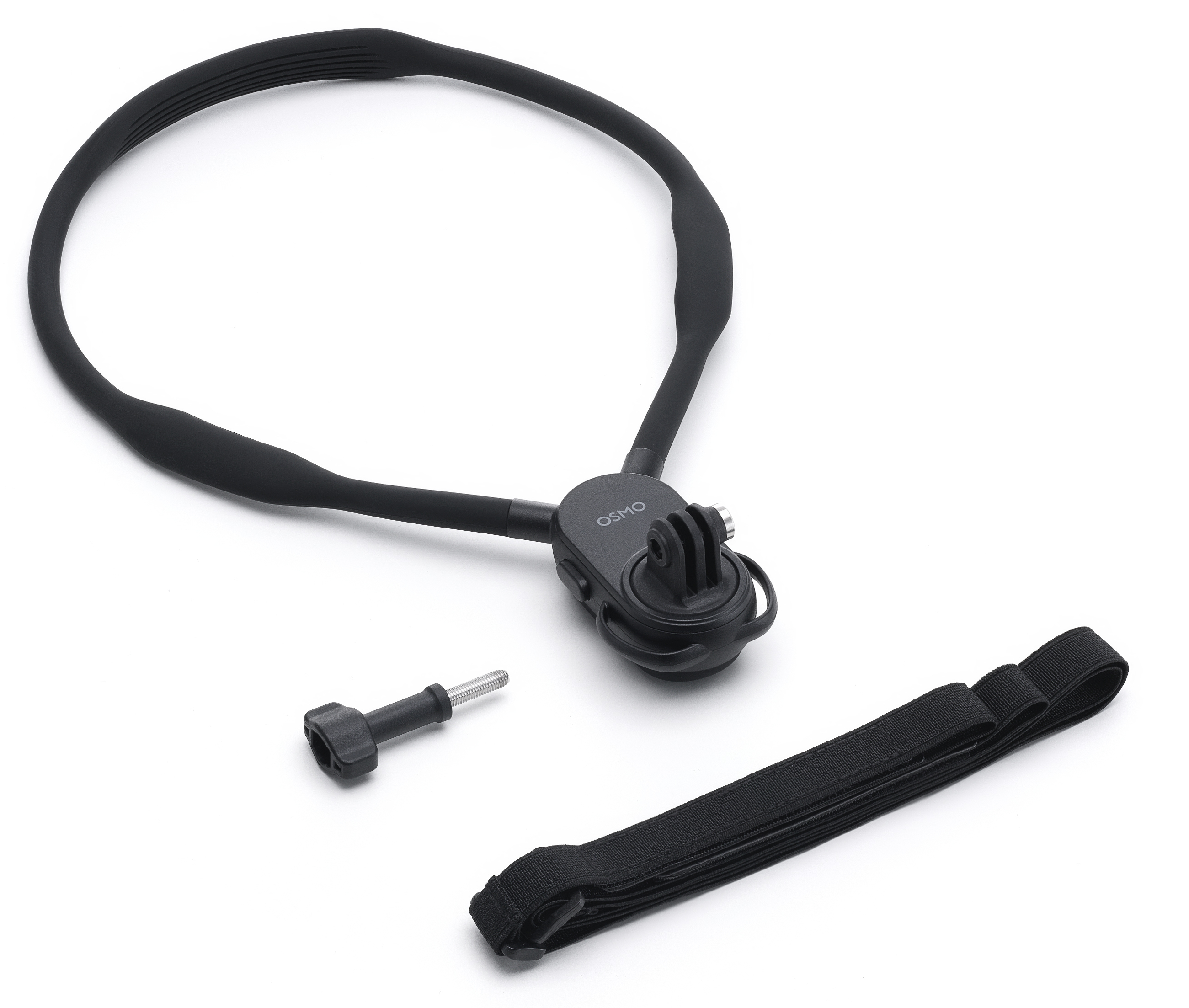 Czarny uchwyt na szyję Osmo z paskiem, śrubą i mocowaniem kamery na białym tle.