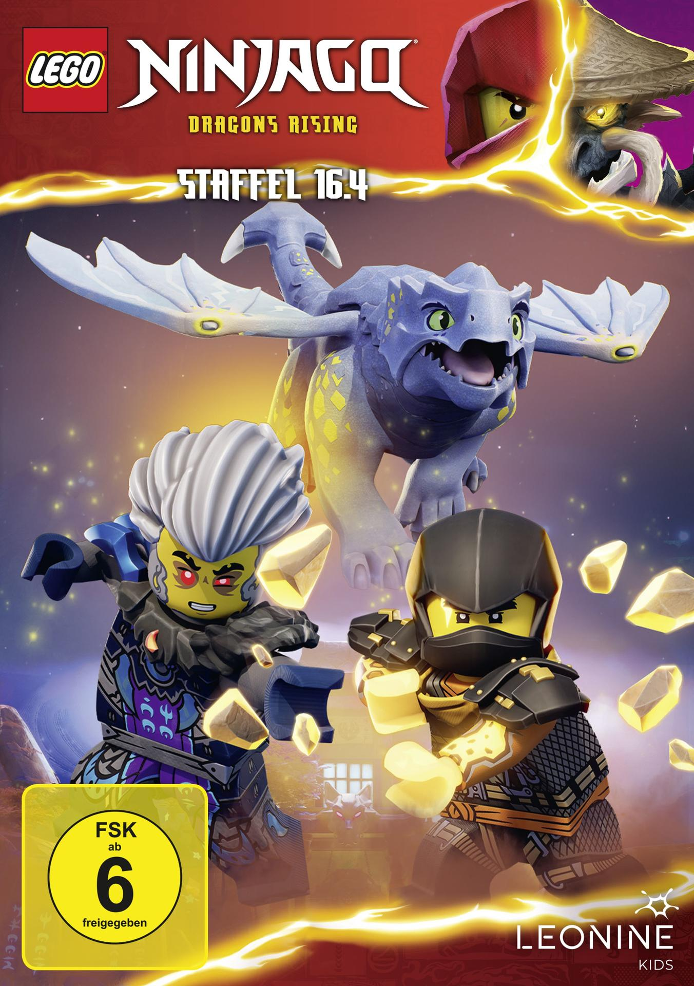 LEGO Ninjago Dragons Rising Cover. Mit Ninja-Figuren und einem Drachen. Gelbe und blaue Töne dominieren die Szene.