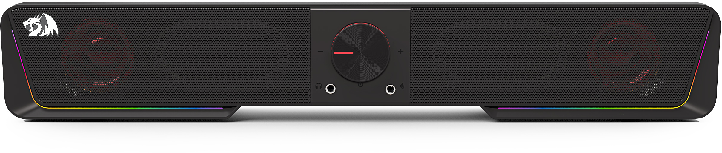 Czarny soundbar z siatkowymi kratkami, centralnym pokrętłem głośności i światłami RGB. Widoczne logo Redragon.