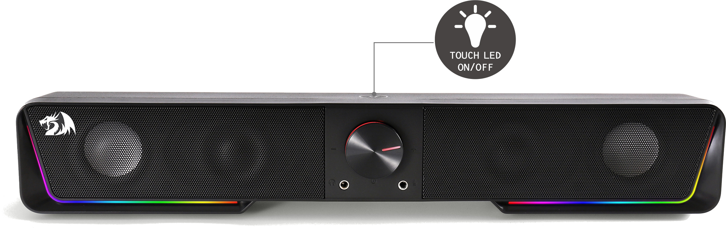 Czarny soundbar z maskownicami głośników, pokrętłem głośności i dotykowym przyciskiem LED włącz/wyłącz. Oświetlenie RGB.