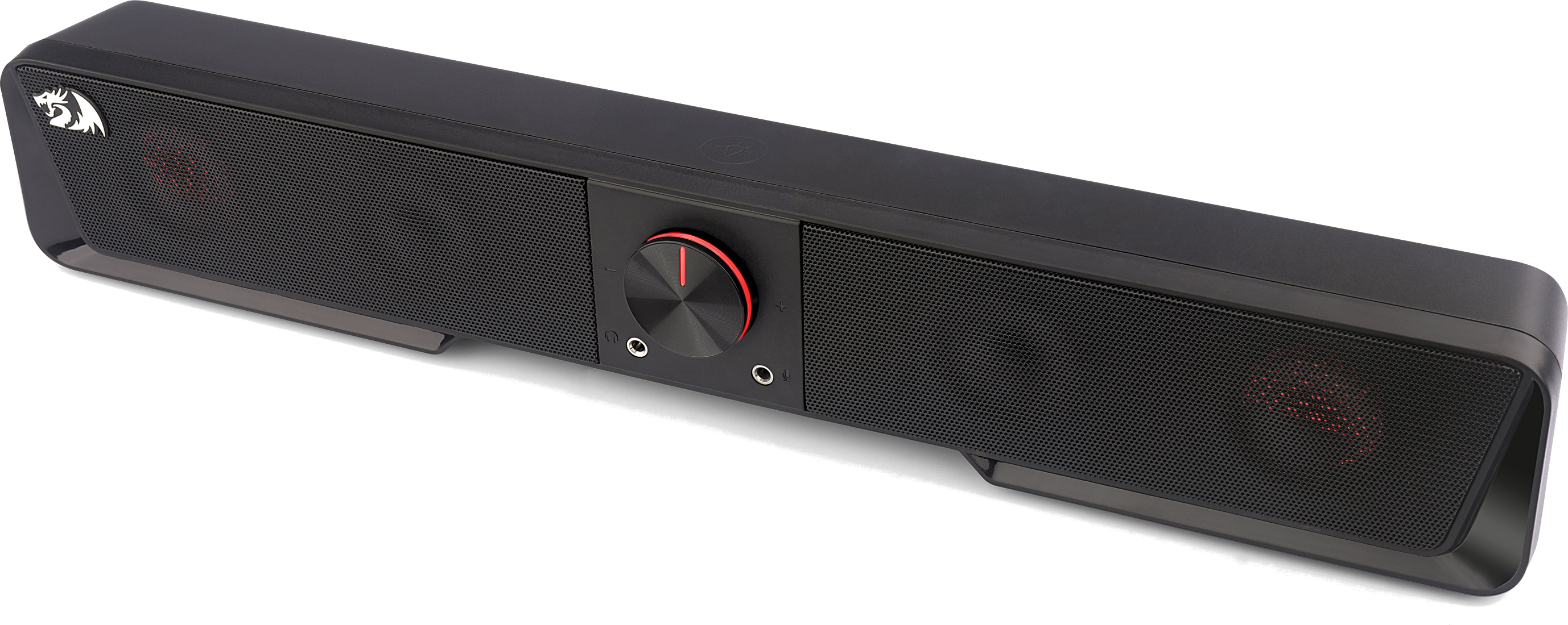 Czarny soundbar z pokrętłem głośności i siatką głośnika. Czerwone akcenty i logo z boku. Białe tło.