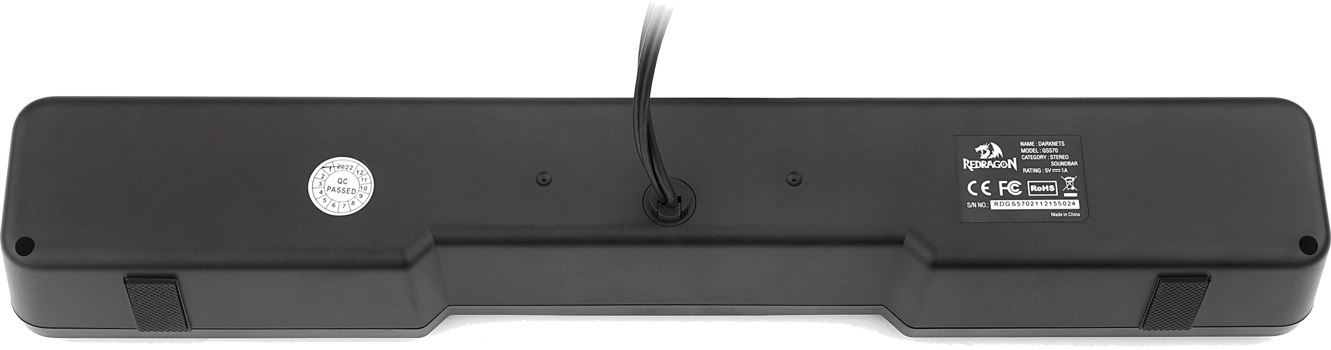 Czarny widok od spodu soundbaru z kablem, naklejką i etykietą Redragon. Ma naklejkę QC Passed.