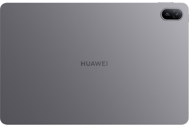 Szürke Huawei tablet hátlapja. A Huawei logója középen. A kamera a jobb felső sarokban. A hátlap sima és matt.